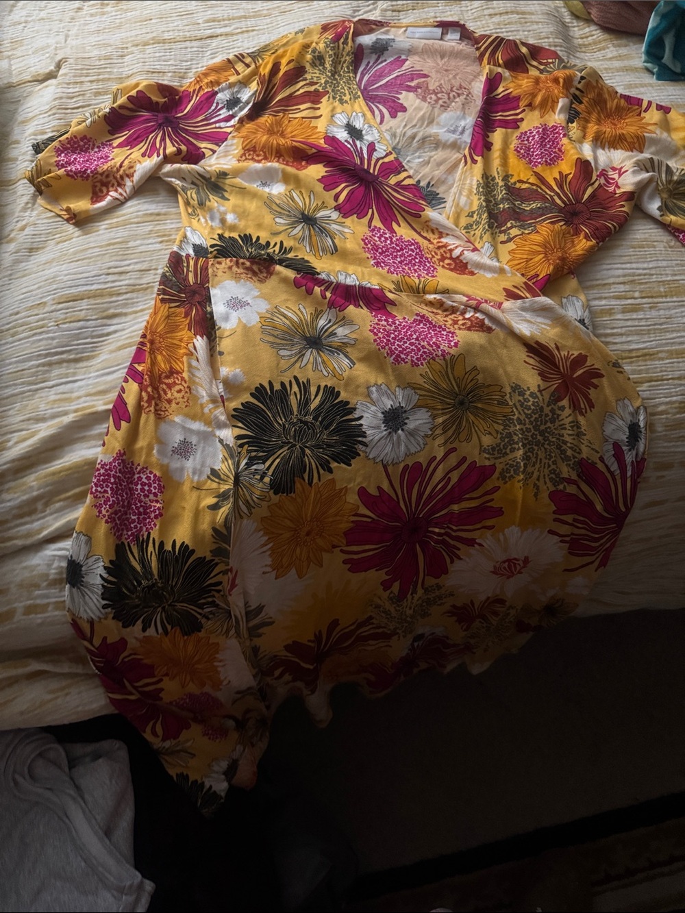 Vibrant Yellow Floral Wrap Dress with Pink & Black Blooms